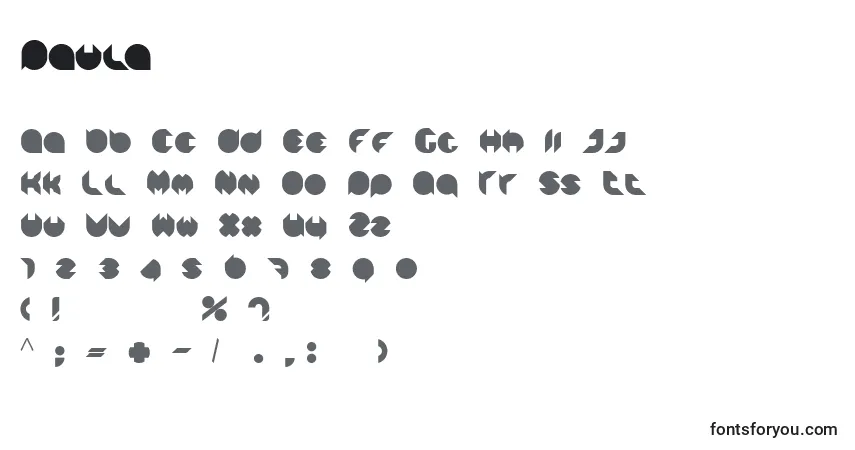 Шрифт Paula – алфавит, цифры, специальные символы
