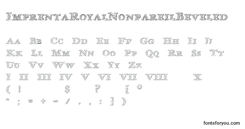 Czcionka ImprentaRoyalNonpareilBeveled – alfabet, cyfry, specjalne znaki