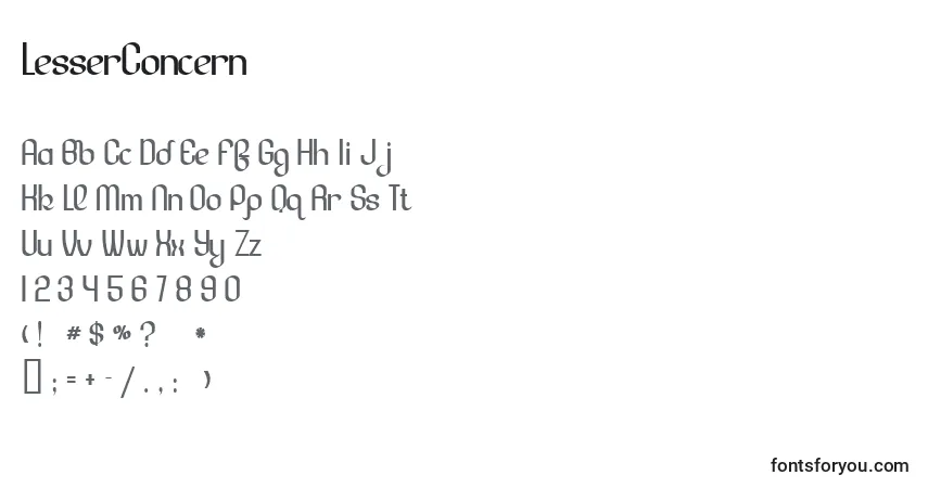 Czcionka LesserConcern – alfabet, cyfry, specjalne znaki