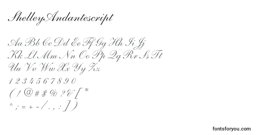 Czcionka ShelleyAndantescript – alfabet, cyfry, specjalne znaki