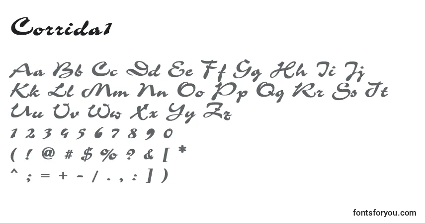 Czcionka Corrida1 – alfabet, cyfry, specjalne znaki