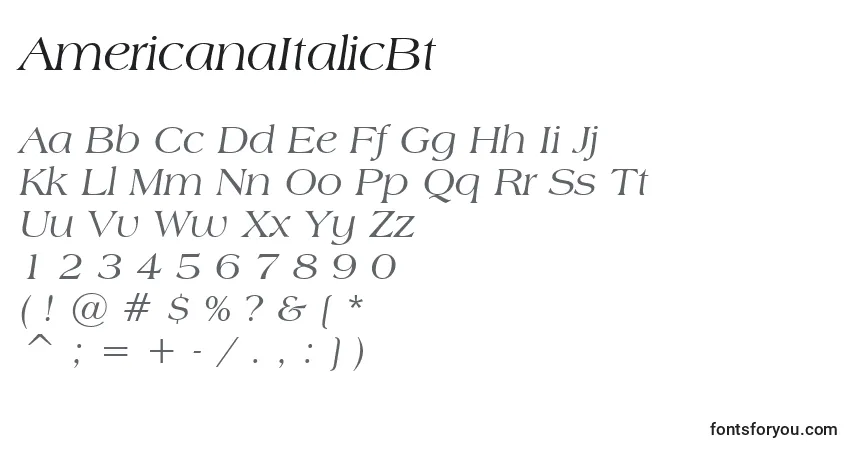 Шрифт AmericanaItalicBt – алфавит, цифры, специальные символы