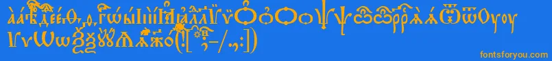 フォントTriodionIeucs – オレンジ色の文字が青い背景にあります。