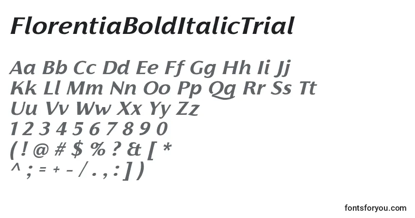 Czcionka FlorentiaBoldItalicTrial – alfabet, cyfry, specjalne znaki
