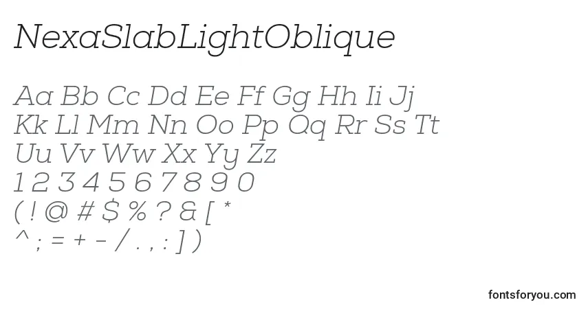 A fonte NexaSlabLightOblique – alfabeto, números, caracteres especiais