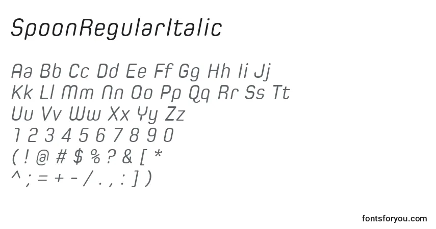 Schriftart SpoonRegularItalic – Alphabet, Zahlen, spezielle Symbole