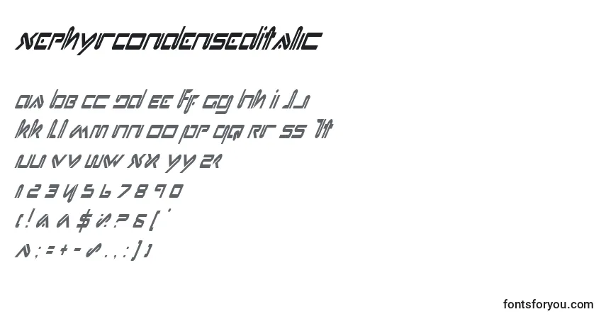 Czcionka XephyrCondensedItalic – alfabet, cyfry, specjalne znaki