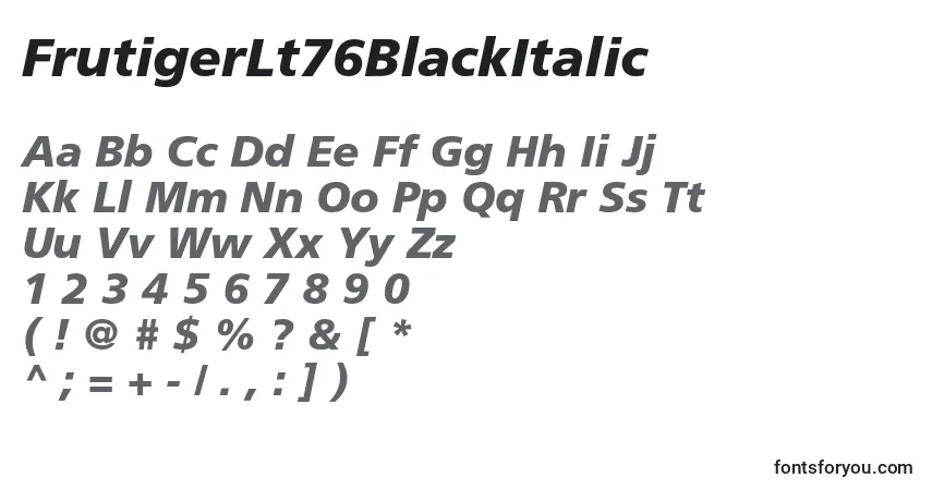 A fonte FrutigerLt76BlackItalic – alfabeto, números, caracteres especiais