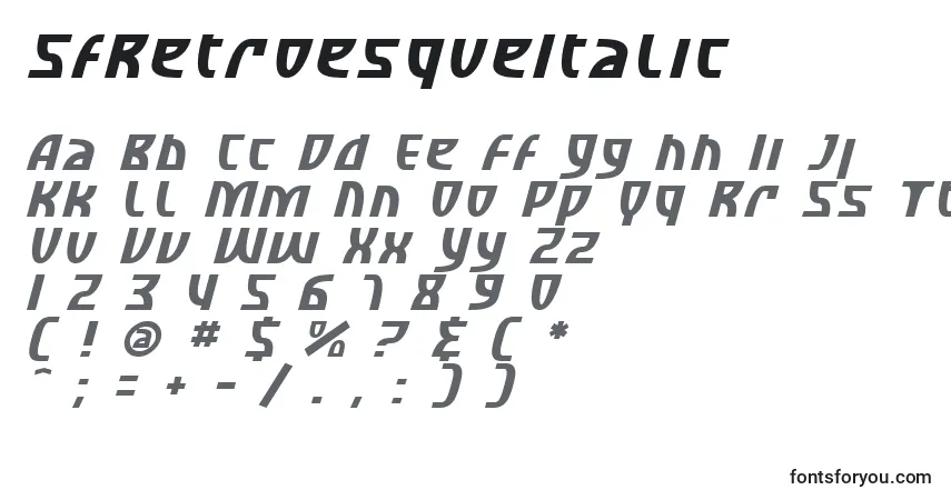 Czcionka SfRetroesqueItalic – alfabet, cyfry, specjalne znaki