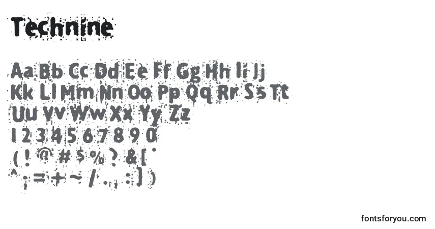 Czcionka Technine – alfabet, cyfry, specjalne znaki