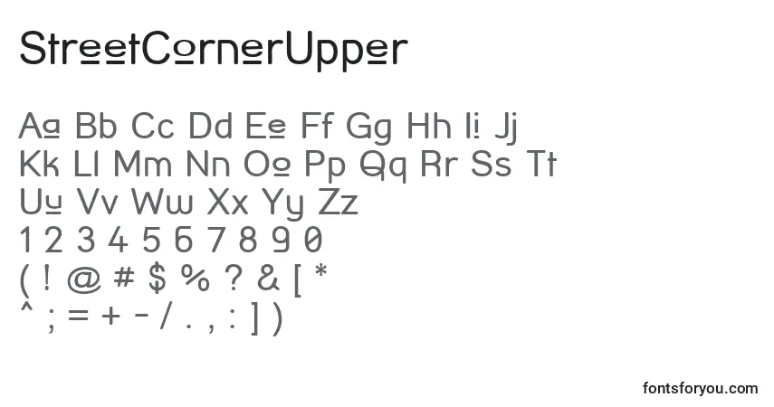 Schriftart StreetCornerUpper – Alphabet, Zahlen, spezielle Symbole