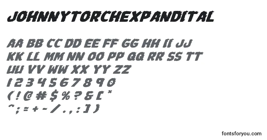 A fonte Johnnytorchexpandital – alfabeto, números, caracteres especiais