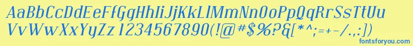 フォントCovingtonExpItalic – 青い文字が黄色の背景にあります。