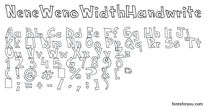 A fonte NeneWenoWidthHandwrite – alfabeto, números, caracteres especiais