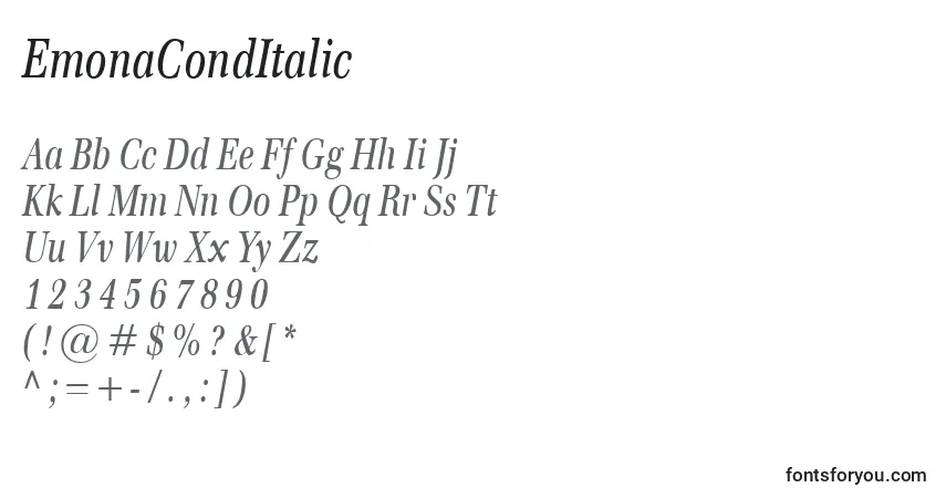 Czcionka EmonaCondItalic – alfabet, cyfry, specjalne znaki