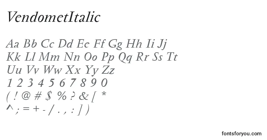 Czcionka VendometItalic – alfabet, cyfry, specjalne znaki