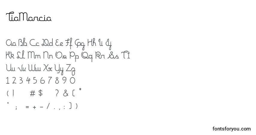 A fonte TiaMarcia – alfabeto, números, caracteres especiais
