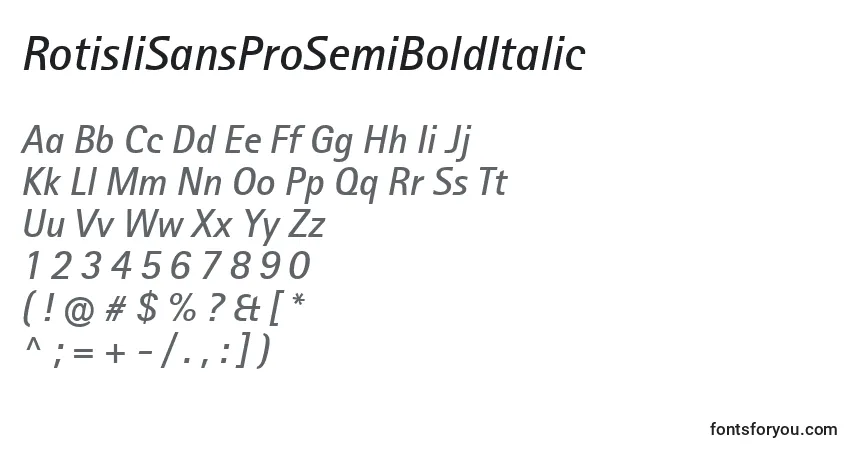 Schriftart RotisIiSansProSemiBoldItalic – Alphabet, Zahlen, spezielle Symbole