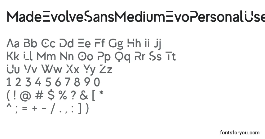 Czcionka MadeEvolveSansMediumEvoPersonalUse – alfabet, cyfry, specjalne znaki
