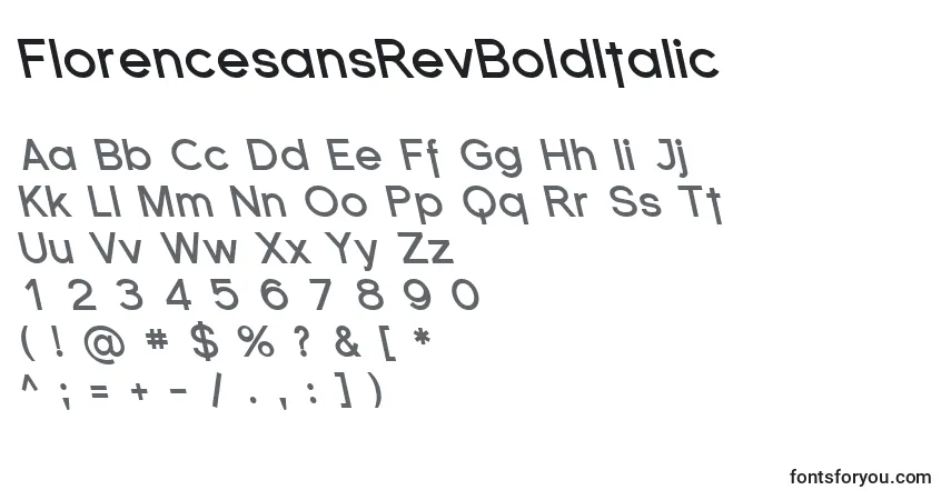 A fonte FlorencesansRevBoldItalic – alfabeto, números, caracteres especiais