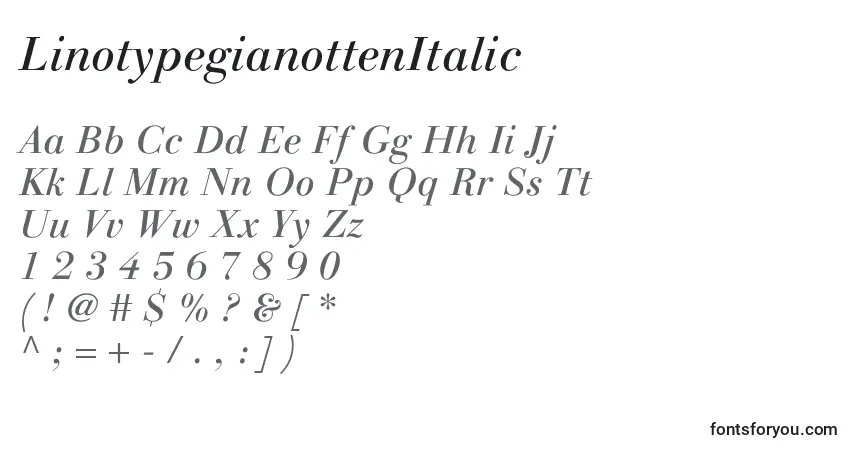 Шрифт LinotypegianottenItalic – алфавит, цифры, специальные символы