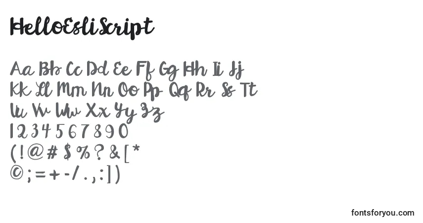 Fuente HelloEsliScript - alfabeto, números, caracteres especiales