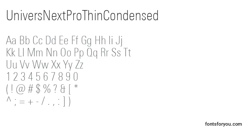 Czcionka UniversNextProThinCondensed – alfabet, cyfry, specjalne znaki