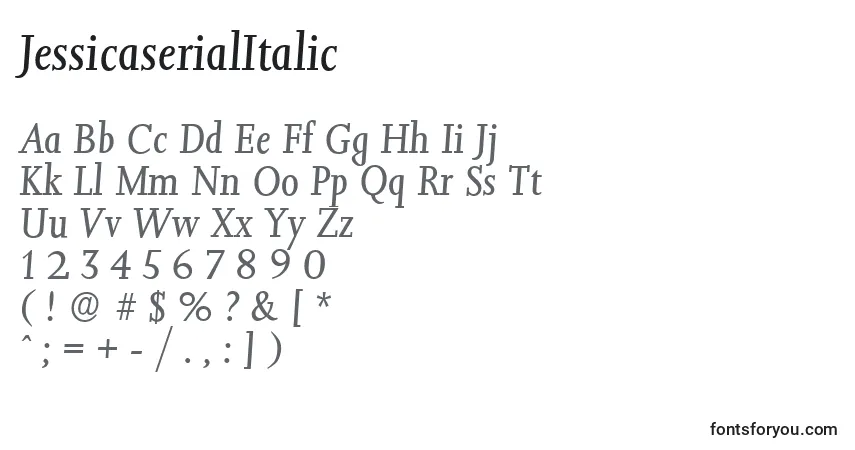 Czcionka JessicaserialItalic – alfabet, cyfry, specjalne znaki