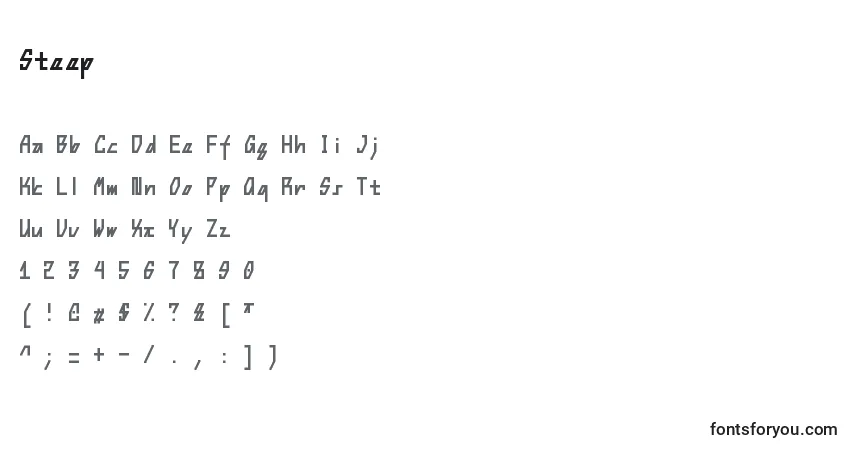 Czcionka Steep – alfabet, cyfry, specjalne znaki