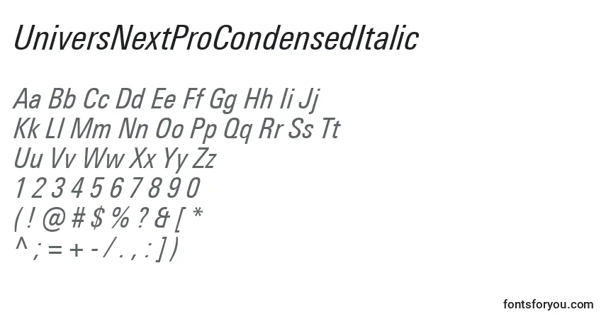 Czcionka UniversNextProCondensedItalic – alfabet, cyfry, specjalne znaki