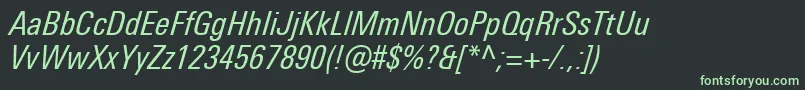 UniversNextProCondensedItalic-Schriftart – Grüne Schriften auf schwarzem Hintergrund