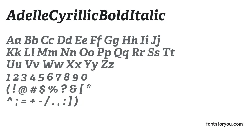 A fonte AdelleCyrillicBoldItalic – alfabeto, números, caracteres especiais