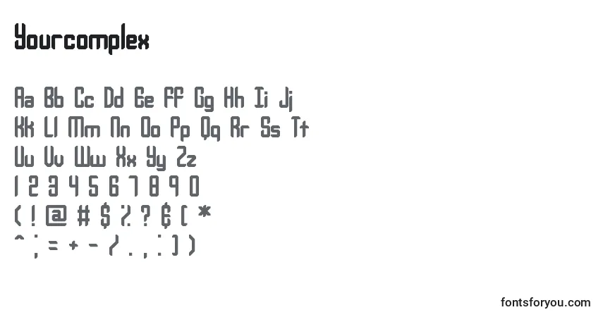Czcionka Yourcomplex – alfabet, cyfry, specjalne znaki