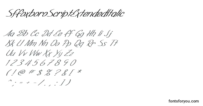 Czcionka SfFoxboroScriptExtendedItalic – alfabet, cyfry, specjalne znaki
