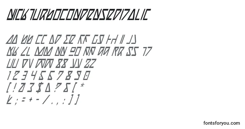 NickTurboCondensedItalicフォント–アルファベット、数字、特殊文字