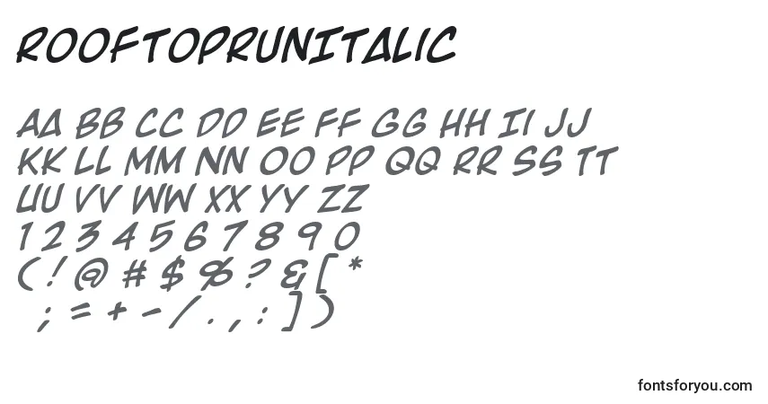 Schriftart RooftopRunItalic – Alphabet, Zahlen, spezielle Symbole