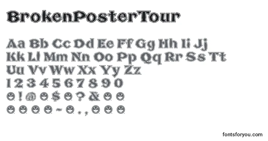 Schriftart BrokenPosterTour (59541) – Alphabet, Zahlen, spezielle Symbole