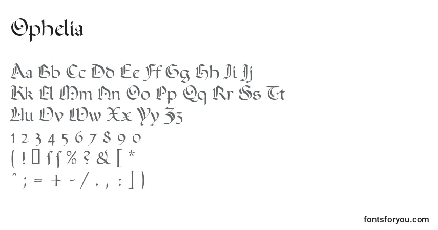 A fonte Ophelia – alfabeto, números, caracteres especiais