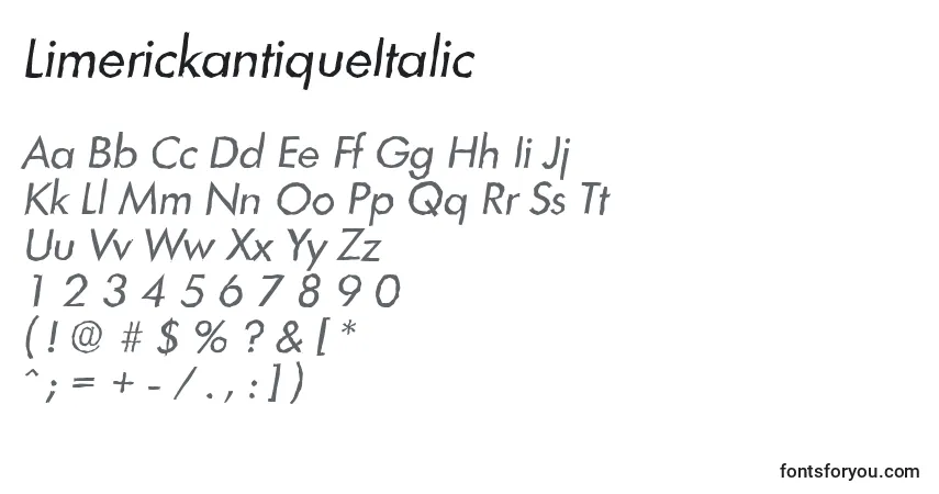 A fonte LimerickantiqueItalic – alfabeto, números, caracteres especiais