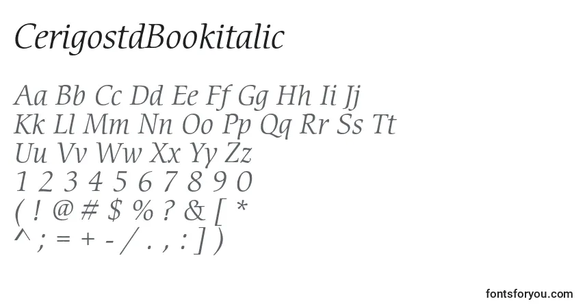 Czcionka CerigostdBookitalic – alfabet, cyfry, specjalne znaki