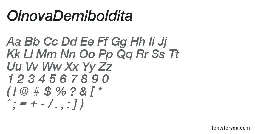 Czcionka OlnovaDemiboldita – alfabet, cyfry, specjalne znaki