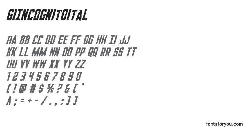 Czcionka GiIncognitoital – alfabet, cyfry, specjalne znaki