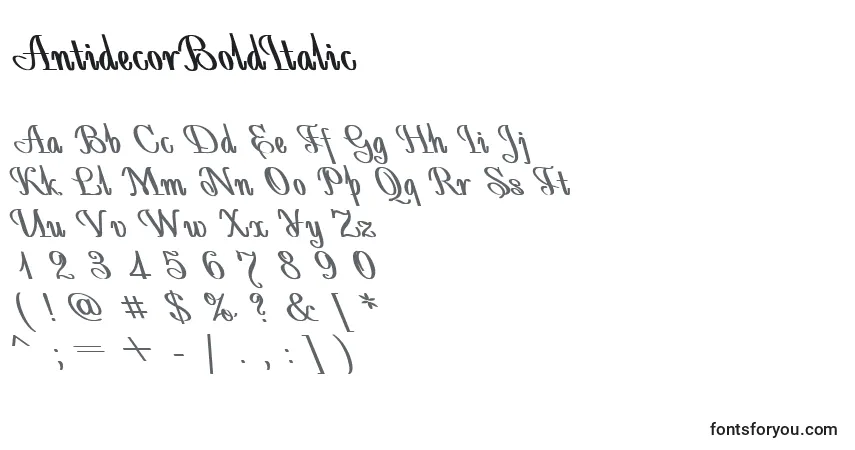 Schriftart AntidecorBoldItalic – Alphabet, Zahlen, spezielle Symbole