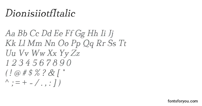 Schriftart DionisiiotfItalic – Alphabet, Zahlen, spezielle Symbole
