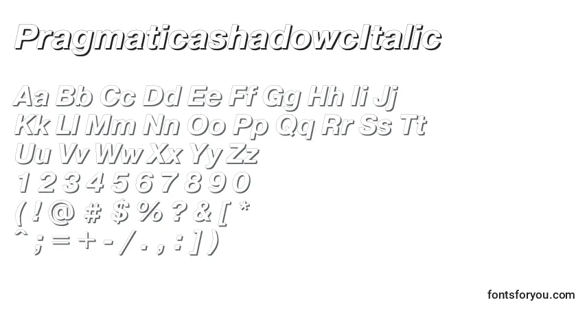 A fonte PragmaticashadowcItalic – alfabeto, números, caracteres especiais
