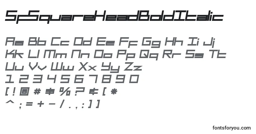 A fonte SfSquareHeadBoldItalic – alfabeto, números, caracteres especiais