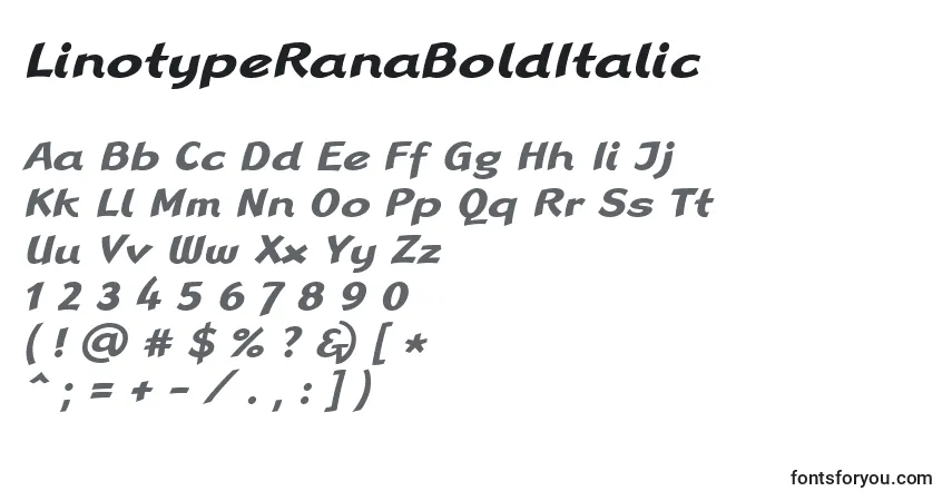 A fonte LinotypeRanaBoldItalic – alfabeto, números, caracteres especiais