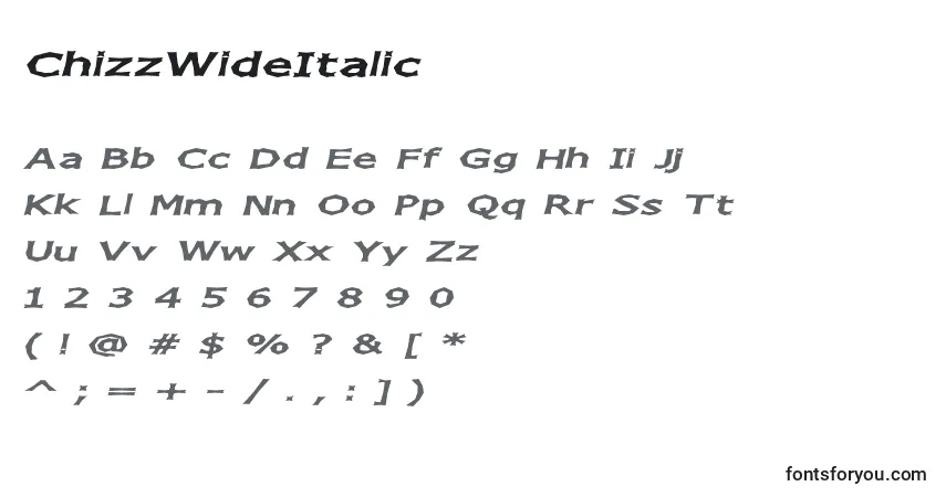 A fonte ChizzWideItalic – alfabeto, números, caracteres especiais