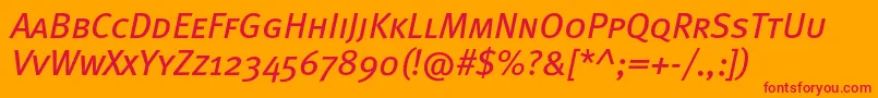 MetabookcapscItalic-Schriftart – Rote Schriften auf orangefarbenem Hintergrund