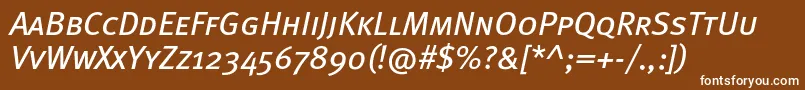 MetabookcapscItalic-Schriftart – Weiße Schriften auf braunem Hintergrund